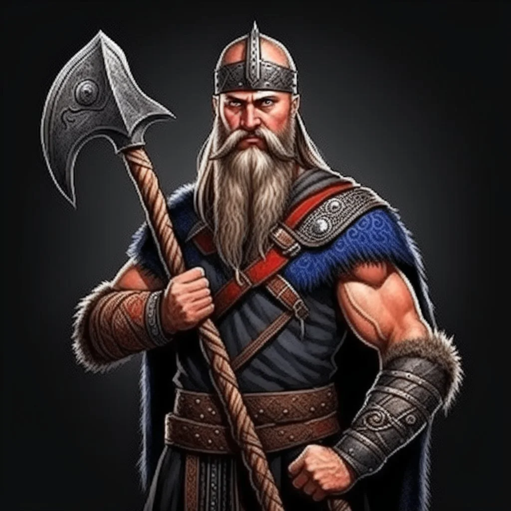 Realistic Pagan Viking Warrior with an Axe, Swedish flag and ravens