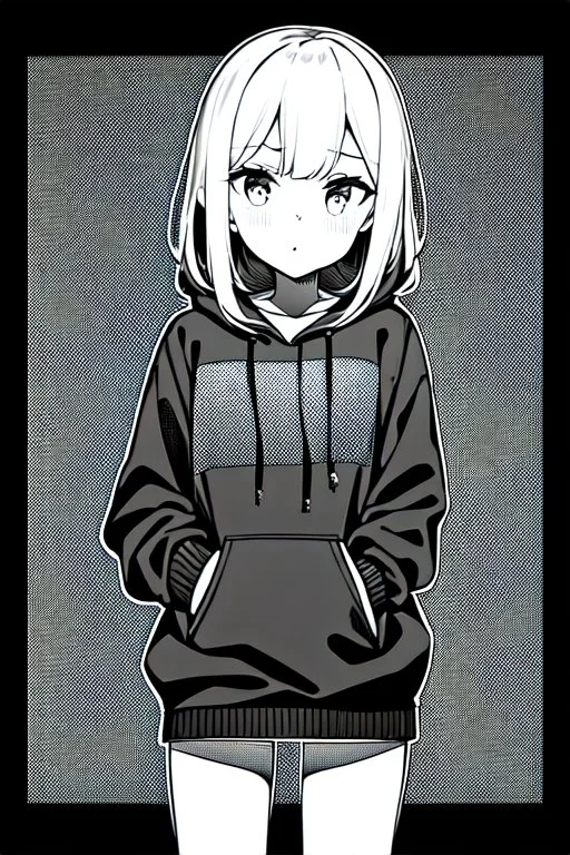 thoughtful girl in a loose sweatshirt, line arts, greyscale,