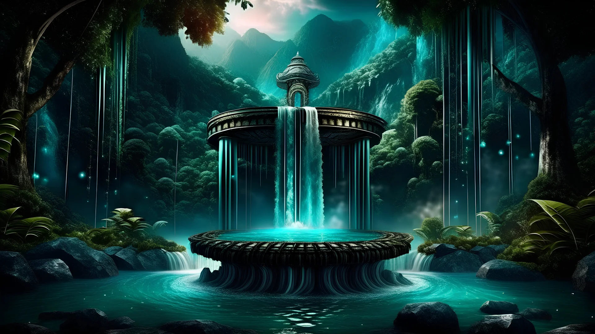 round podium for meditation , my mind bows my dreams .the waterfall in rocky fantasy In my mind bows . the meditation in the midst in the jungle , new style collonades for meditation palace built in the jungle , mountains. space color is dark , where you can see the water and smell the smoke, galaxy, space, ethereal space, cosmos, panorama. Palace , Background: An otherworldly planet, bathed in the cold glow of distant stars.