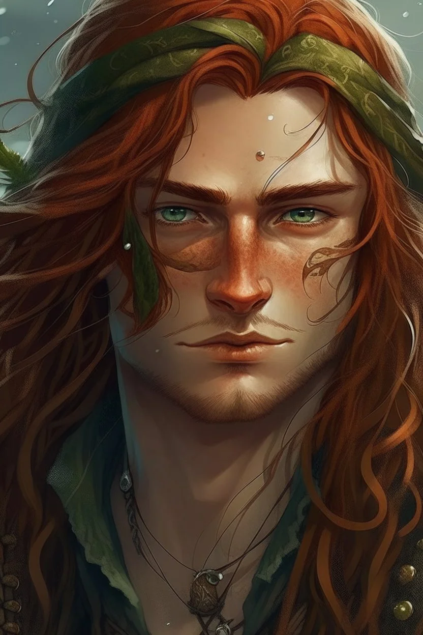 determined wet pirate nereid male with freckles and seaweed in long auburn hair