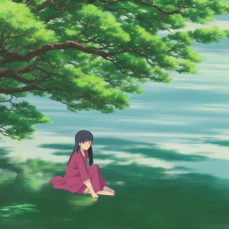 Girl sitting by the river, green landscape with bioluminescent trees, high quality, intricate detail, sharp focus, theme park, romantic, at dusk, light dust, makoto shinkai, studio ghibli