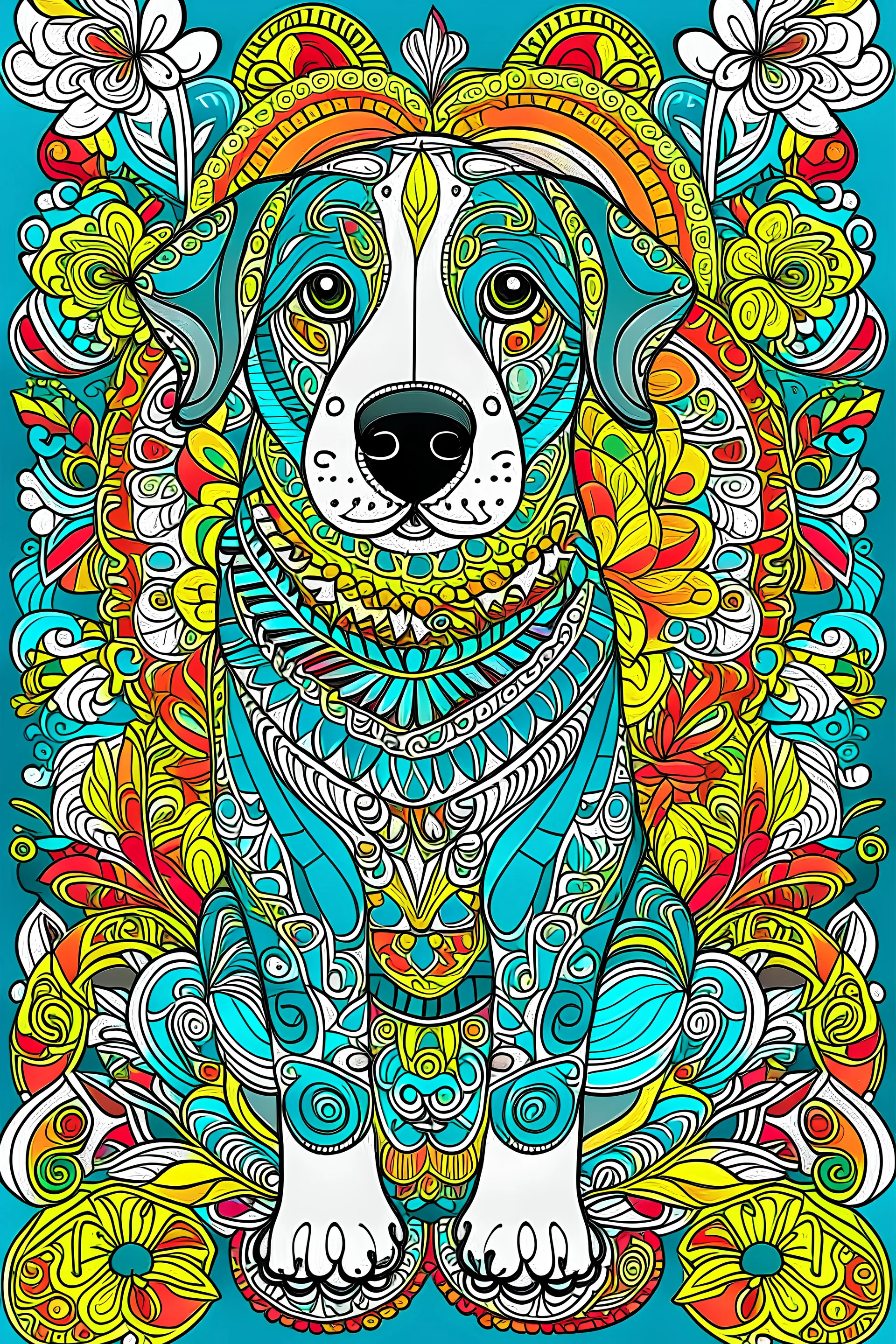 , Design an eye-catching cover for a coloring book featuring a friendly full body dog, full body colored, Inside the dog colored , create intricate colored,mandala patterns for, full colored page, full, colored, colored backround