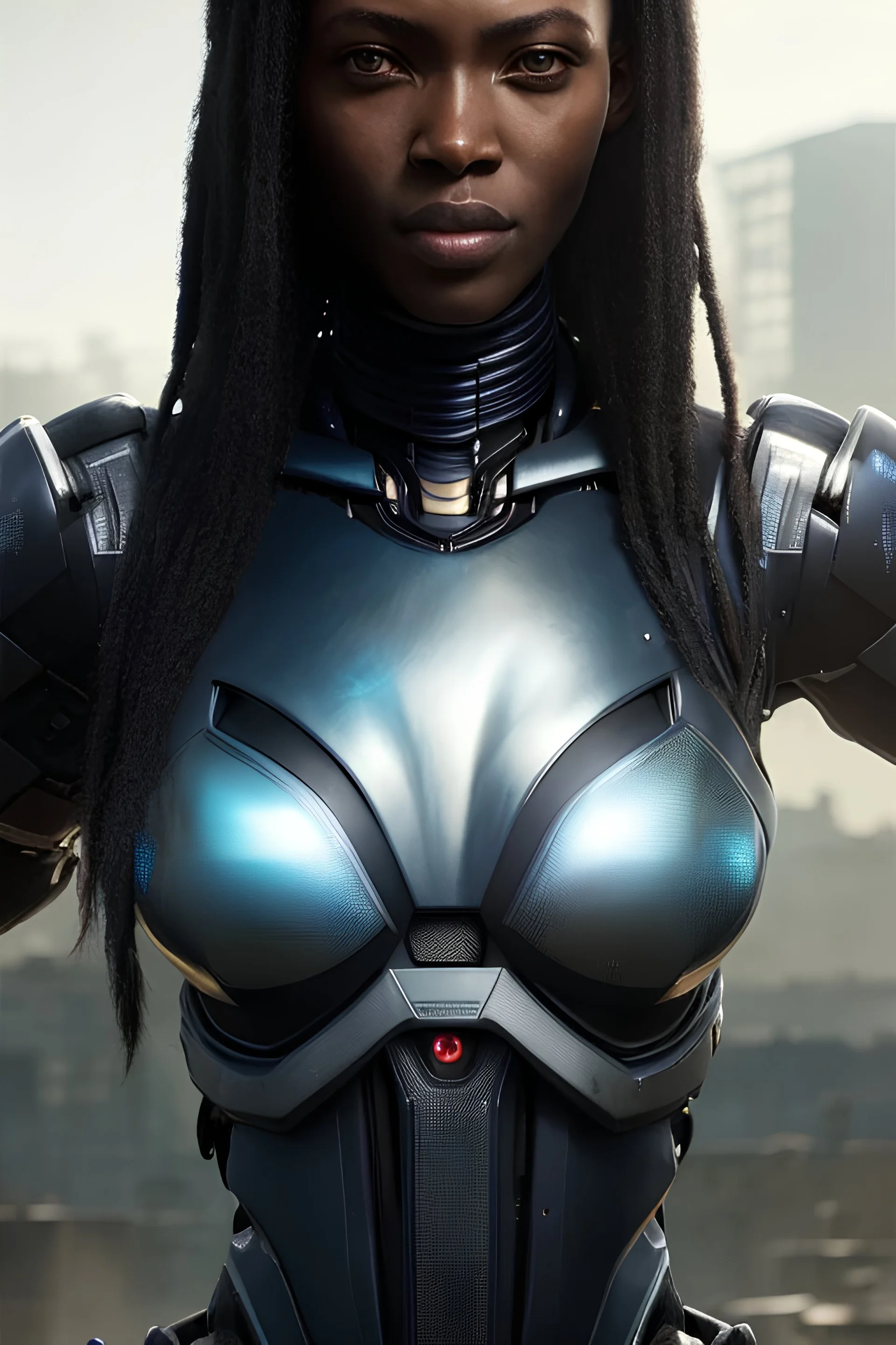 portrait,beautiful african robot, post-apocalyptic in a cyberpunk city, realistic, intriacte detail, sci-fi fantasy style, volumetric lighting, particales,highly detailed,cinamatic, deep