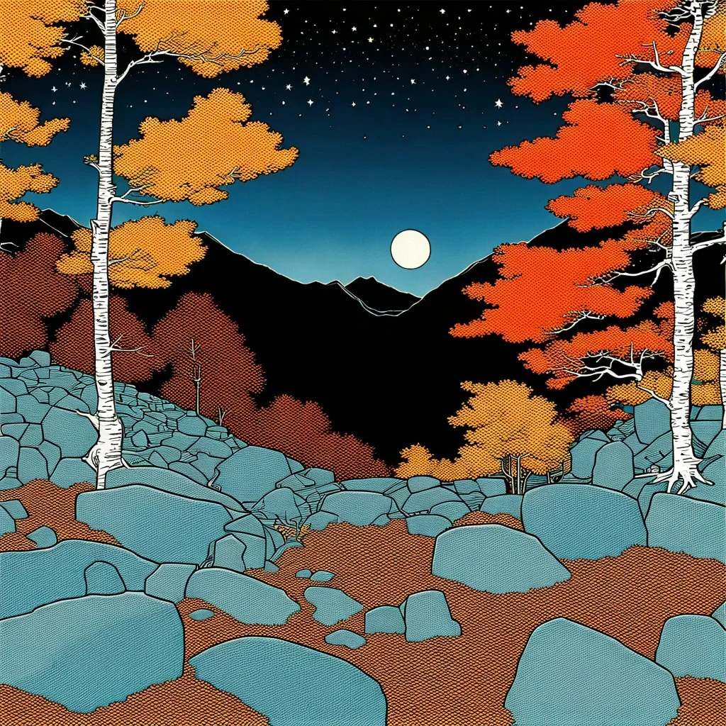 Autumn colors, peaceful, Egon Schiele, Max Ernst, Henri Rousseau, Japanese silvery blue rust gradient, night sky filled with galaxies and stars, rocks, trees, flowers, one-line drawing, sharp focus, 8k, deep 3d field, intricate, ornate