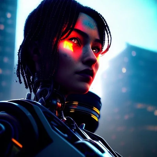 portrait,beautiful robot, post-apocalyptic in a cyberpunk city, realistic, intriacte detail, sci-fi fantasy style, volumetric lighting, particles, highly detailed ,cinamatic , deep colours,8k