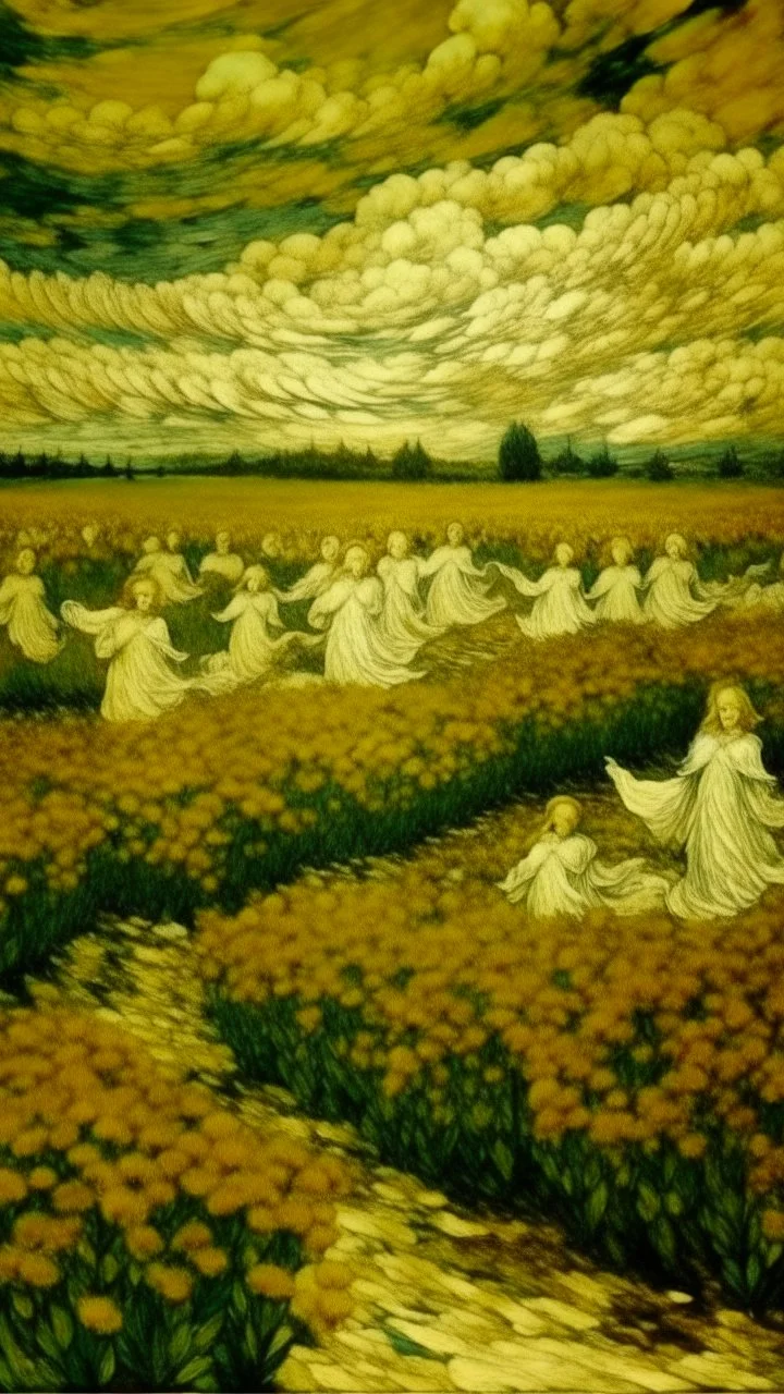 An ivory colored heavenly field with angels painted by Vincent van Gogh