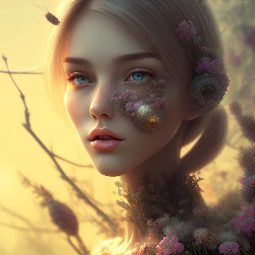 flower beautiful girl,utra realistic,highly detailed, sharp focus, parallax flowers, honeybee, fantasy art,elegant, fog, Special Lighting, Vibrant, Solid color,color Scheme, forest, unreal engine 5