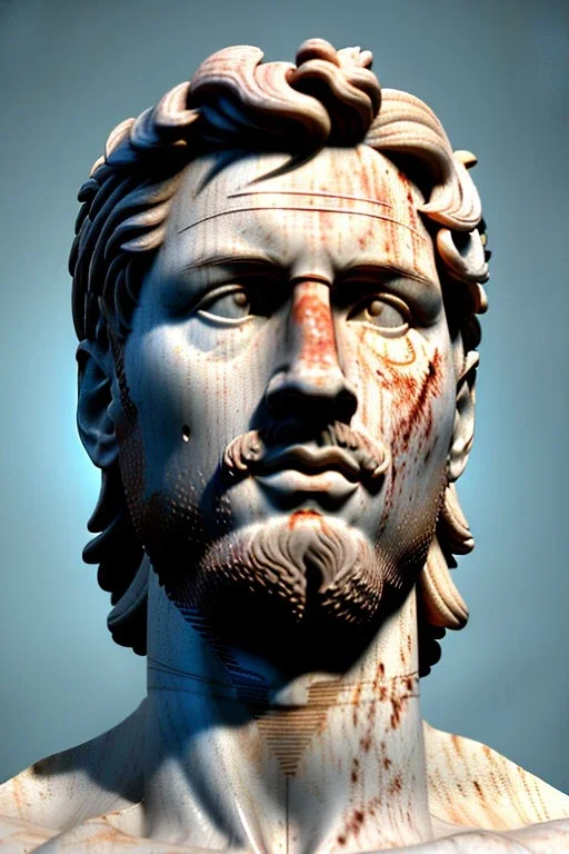 Ultra Realistic image, classical renaissance sculpture, white marble material, Lionel Messi, emperor, gold Laurel leaves crown, miguel angel style, chisel style, emperor, waist up portrait, epic, celestial, cinematic lighting, God light, god rays, 4k resolution, smooth details, ornate details, soft lighting, unreal engine 5, sky background.