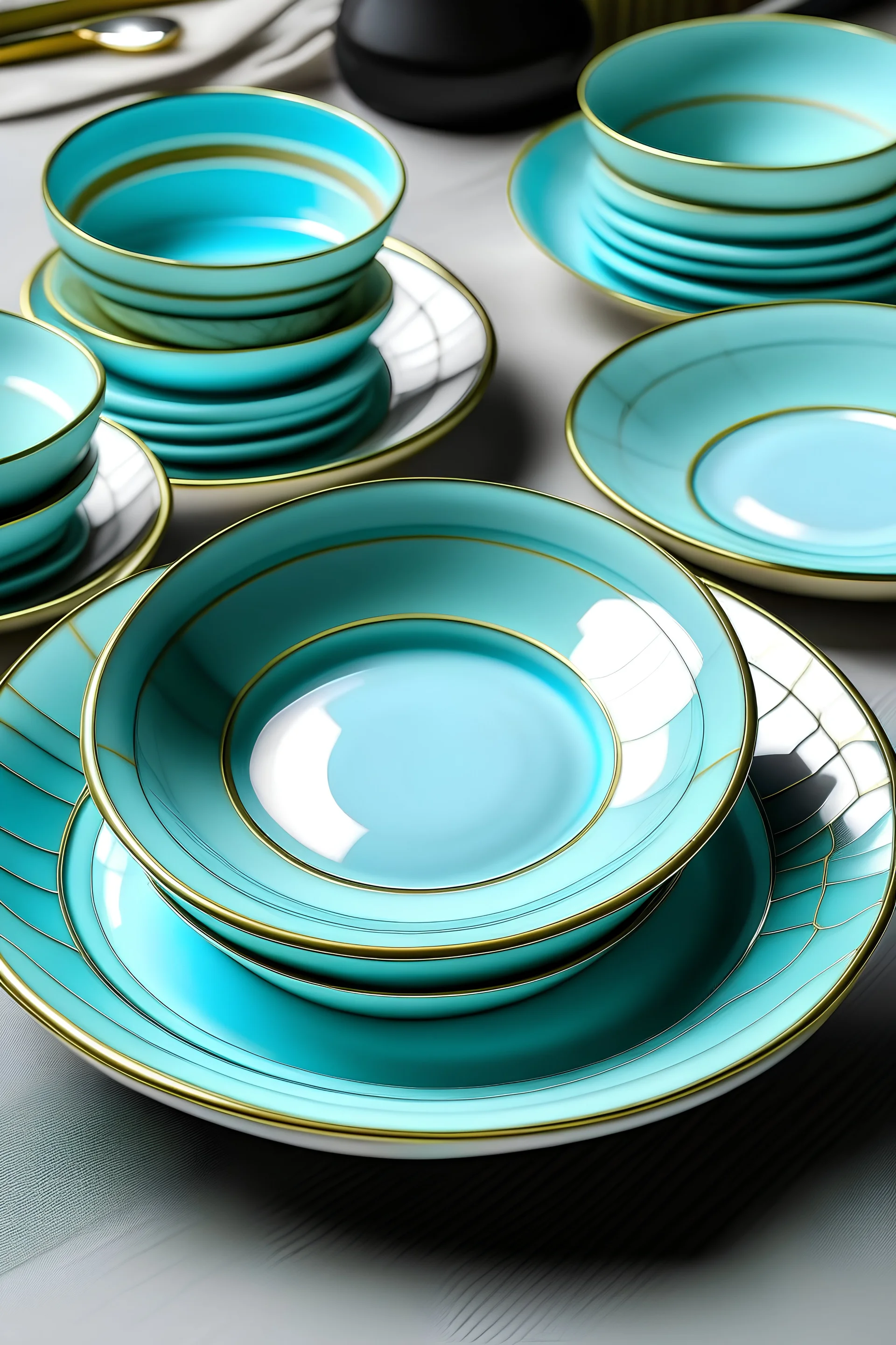 Set of ten ceramic pastel cyan plates with a golden center