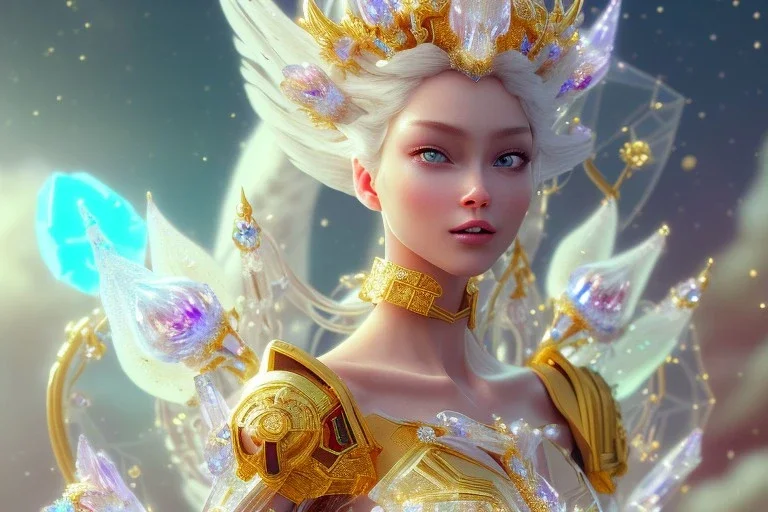 very beautiful crystal and gold goddess in a galactic ambiance, nice smiling, transparent petals, delicate colors, full of details, smooth, bright sunshine，soft light atmosphere, light effect，vaporwave colorful, concept art, smooth, extremely sharp detail, finely tuned detail, ultra high definition, 8 k, unreal engine 5, ultra sharp focus