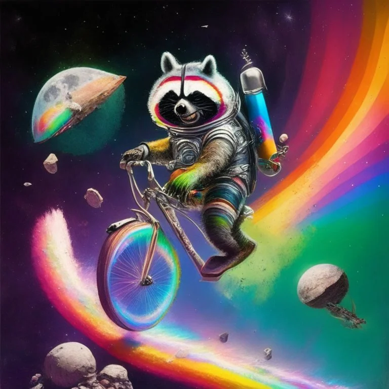 A raccoon astronaut riding a rainbow bike on a mission to gather space trash, jumping over asteroids as he goes.