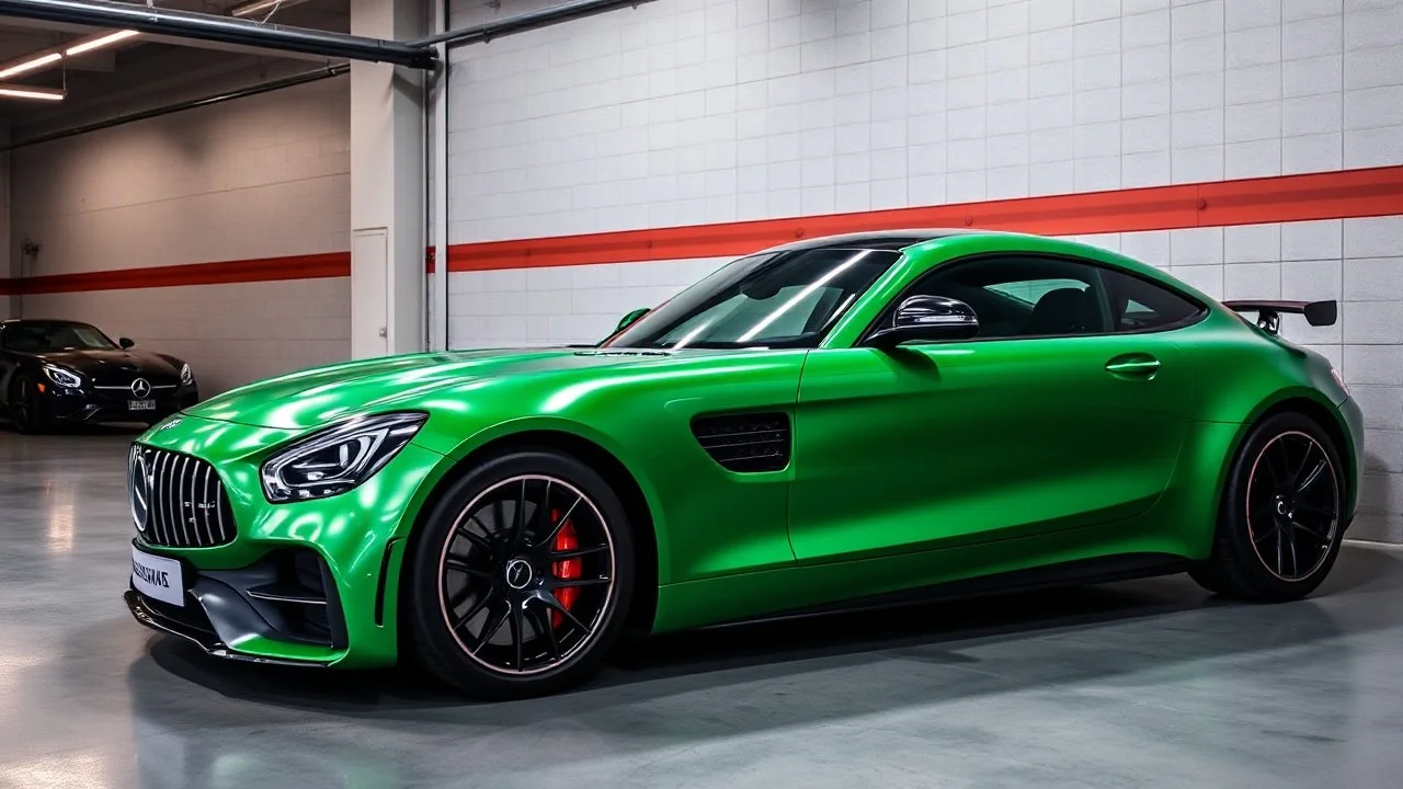 Mercedes-Benz AMG GT63s, green, with four side doors parked in a luxury garage, with the car facing right