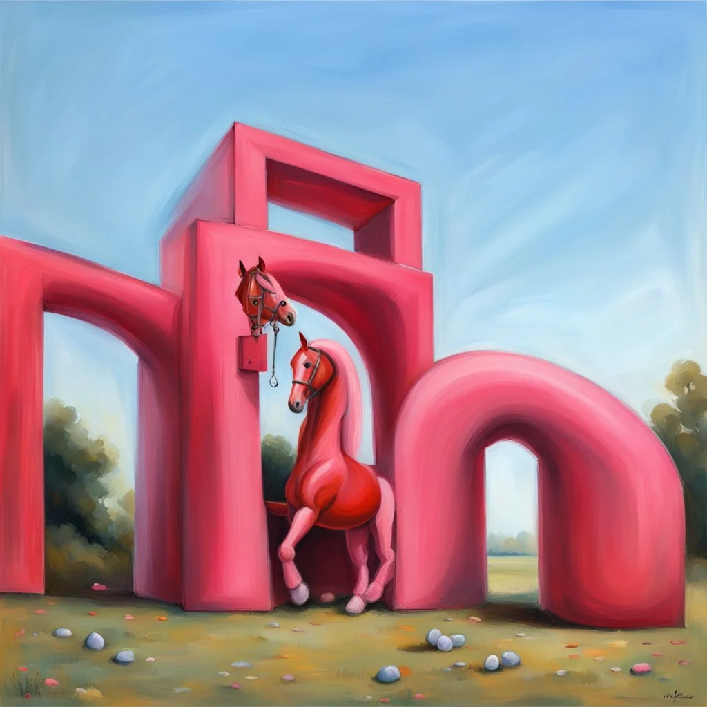 Big pink toy horse.19th painting