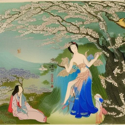 jolie femme slave avec des ailes irisés et une robe de princesse entourée de cerisiers du japon et de cascade d'eau transparente et bleuté