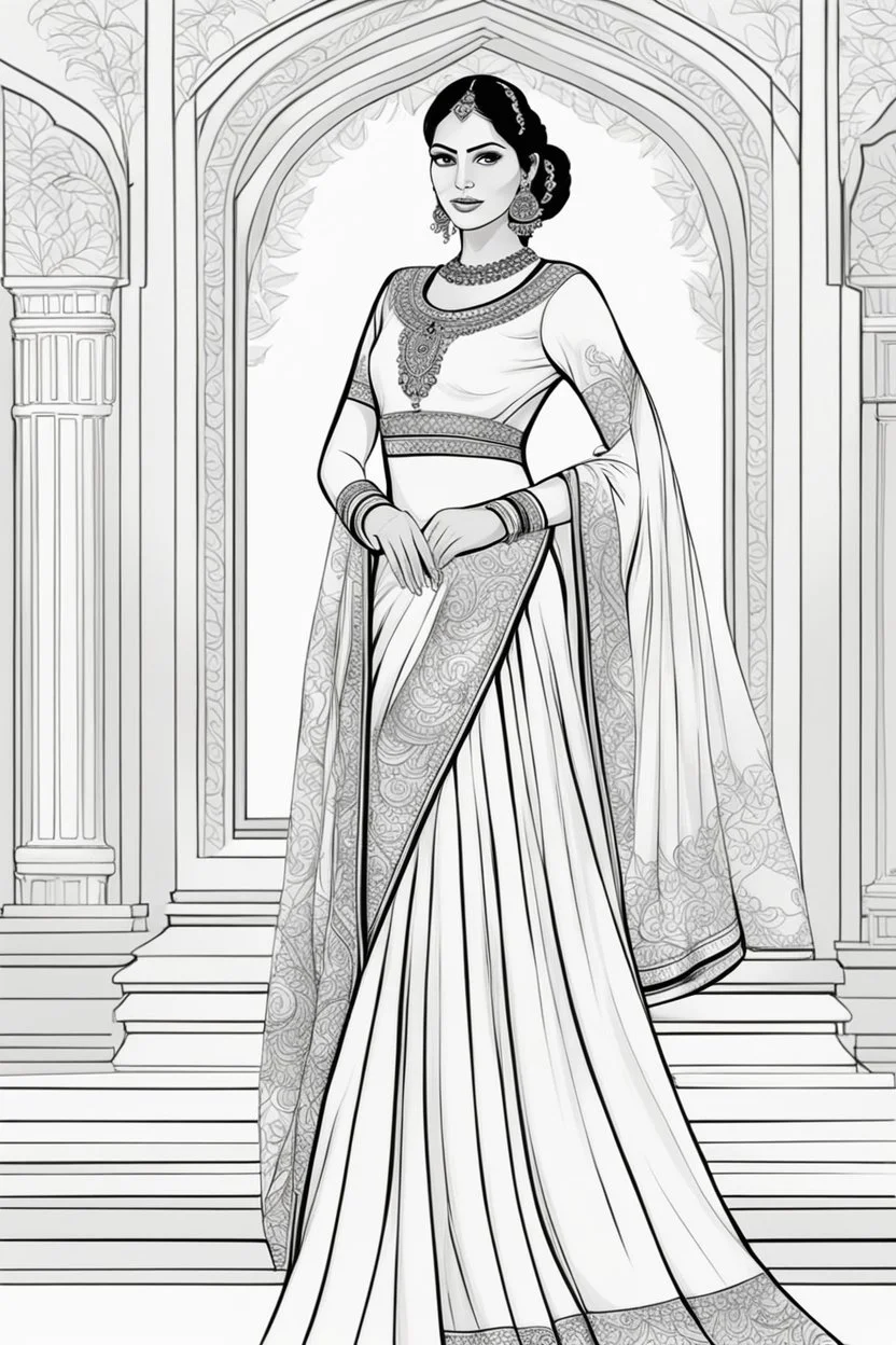 Coloring page for adults of a elegant fashion model woman wearing hindi dress, dynamic poses, full body portrait, thick and clean lines, clean details, no-color, no-turban, , non background, non color, non shading, no-grayscale, dynamic poses, full body portrait, thick and clean lines, clean details, no-color, no-turban, , non background, non color, non shading, no-grayscale