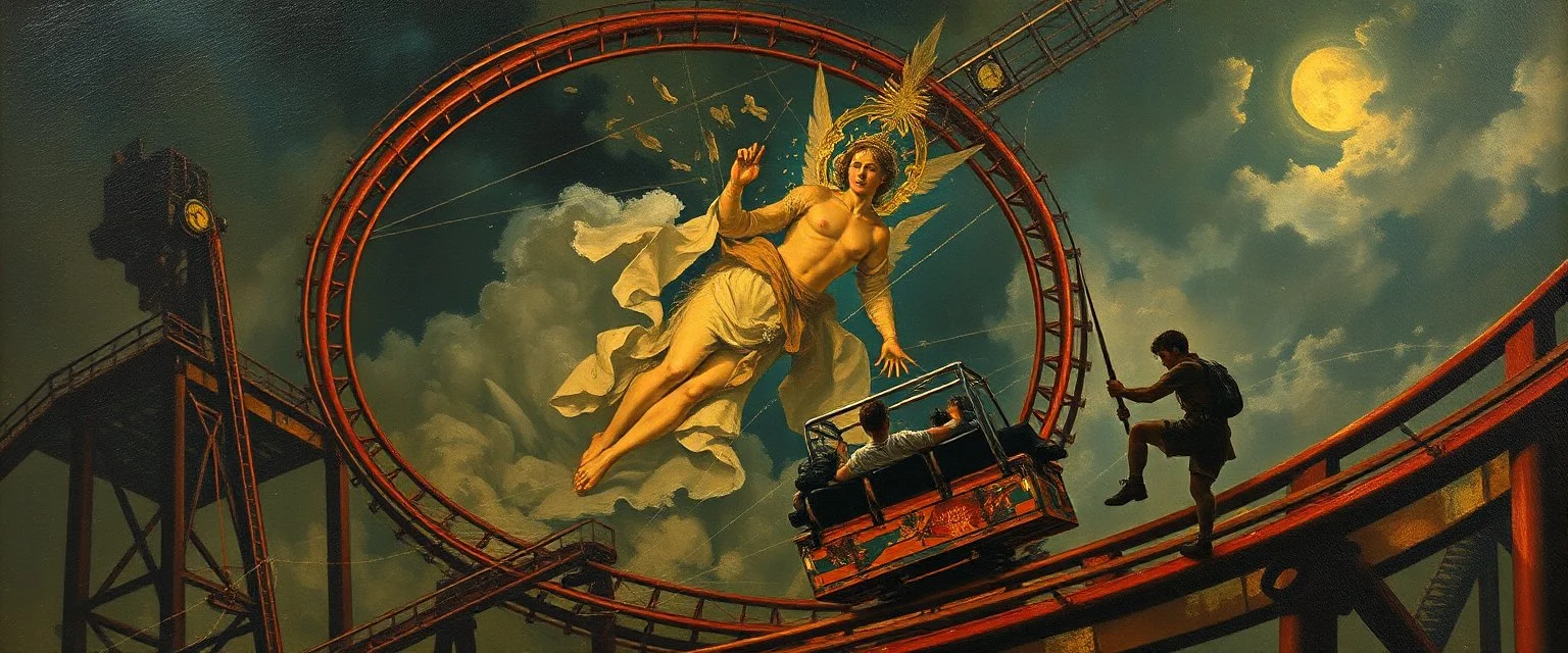 master oil painting by Rembrandt, roller coaster with some bad ass power cyper punk people experiencing gravity at its worst