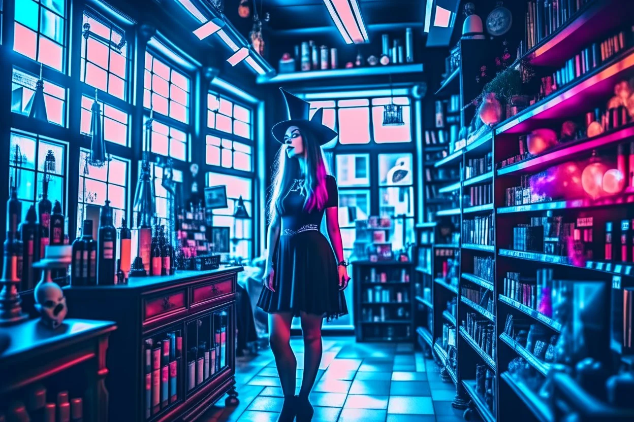 full-height shot of a young witch in a tight black short skirt, inside a large magic shop, shelving, bottles, windows