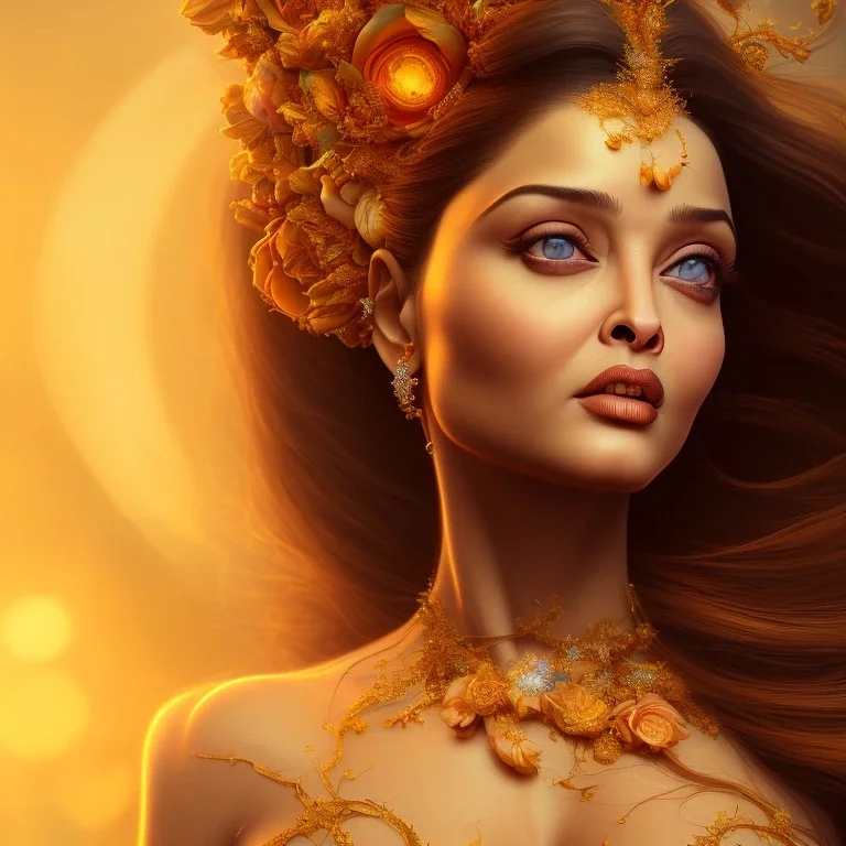 aishwarya rai , flower goddess, by Mahmoud Sai, Cartographic, Golden Hour, Closeup-View, 16k, Lumen Global Illumination, Diffraction Grading ,beautiful ,circuitry, jewelry