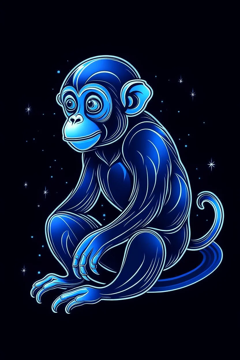 A sleek, silver MONKEY with a single, neon fin, cruising through a starry night sky. Style: Art Deco, Mood: Mysterious and Glamorous, Lighting: Deep blue with neon highlights, T-shirt design graphic, vector, contour, white background.