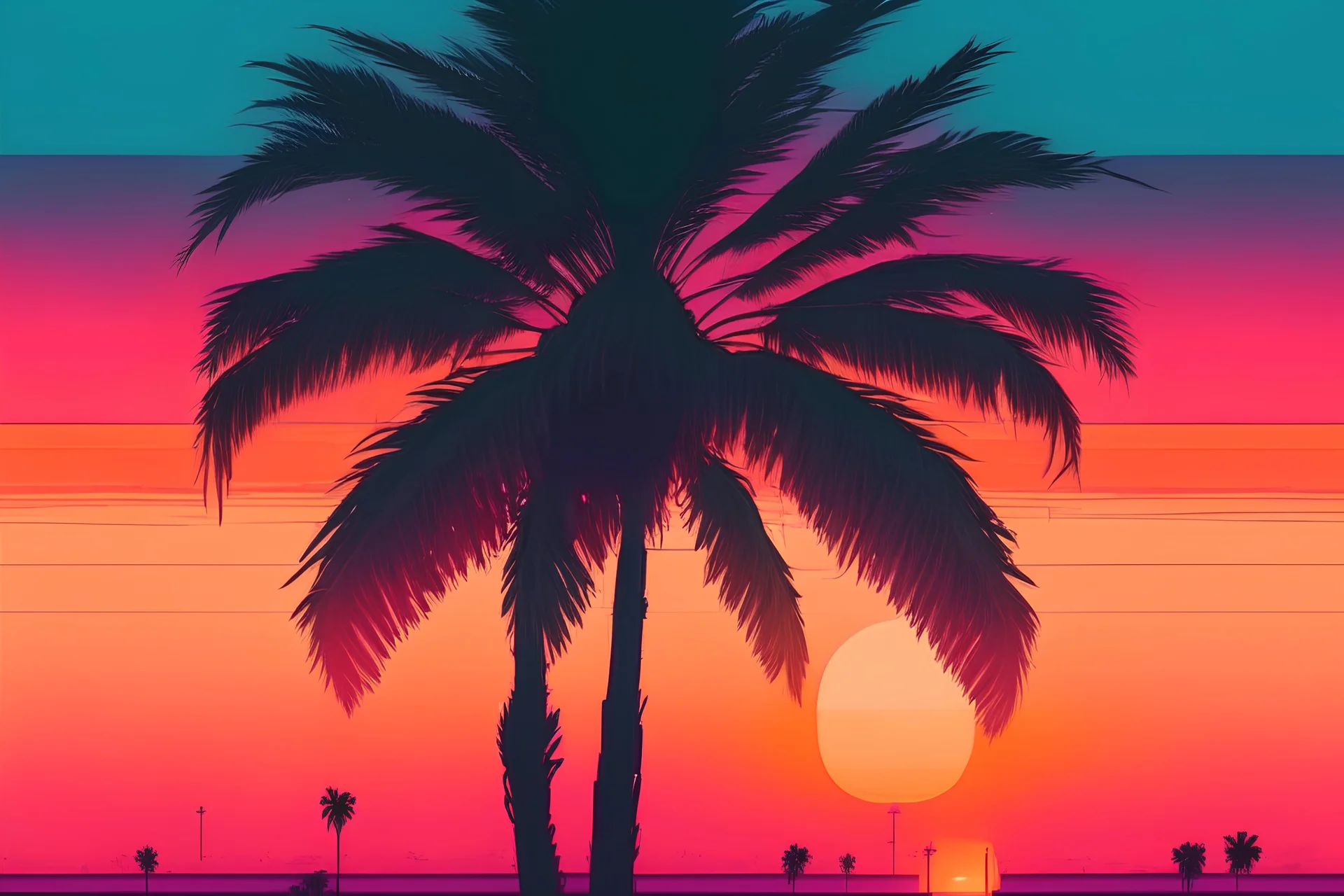 a palm tree during a sunset, lofi colors, lofi vibes, cool colors