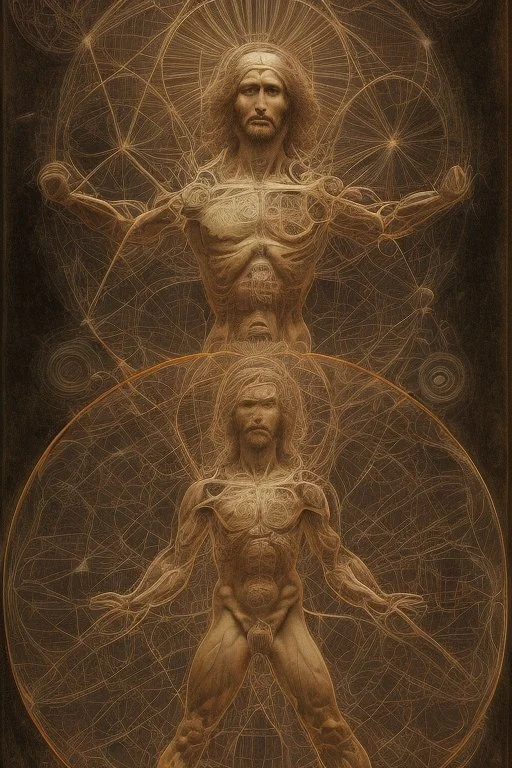 Human – Language – Computer. Leonardo da Vinci's Vitruvian man against the background of the matrix and the crumbling ones and zeroes. close-up of the surrounding area. Solid science fiction, high resolution