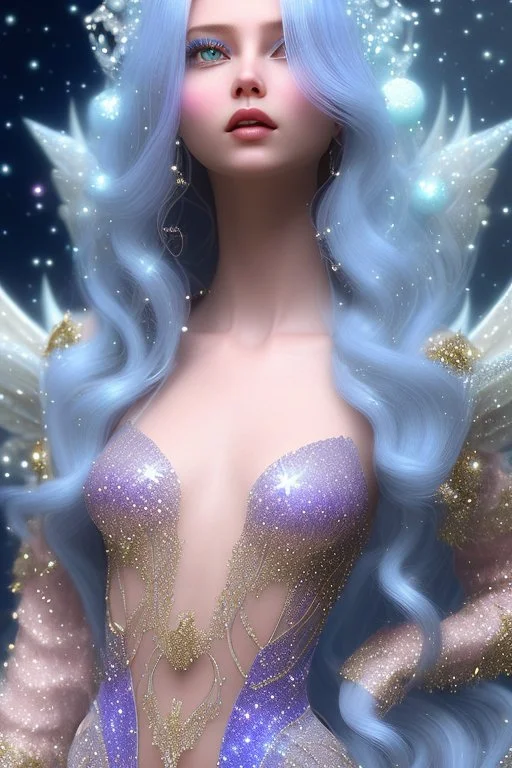 woman glitter blue fairy in a galactic ambiance, long blue hair, detailed gorgeous smile, delicate colors in the foreground, full of details, smooth, light effect，vaporwave colorful, smooth, extremely sharp detail, finely tuned detail, ultra high definition, 8 k, unreal engine 5, ultra sharpBeautyful smiling young woman, long hair amazing blue eyes, flowers, happy cosmic, bright colors, blue, pink, gold, jewels, realistic, photo real, clear sunny background, highly detailed, high contrast, 8k 