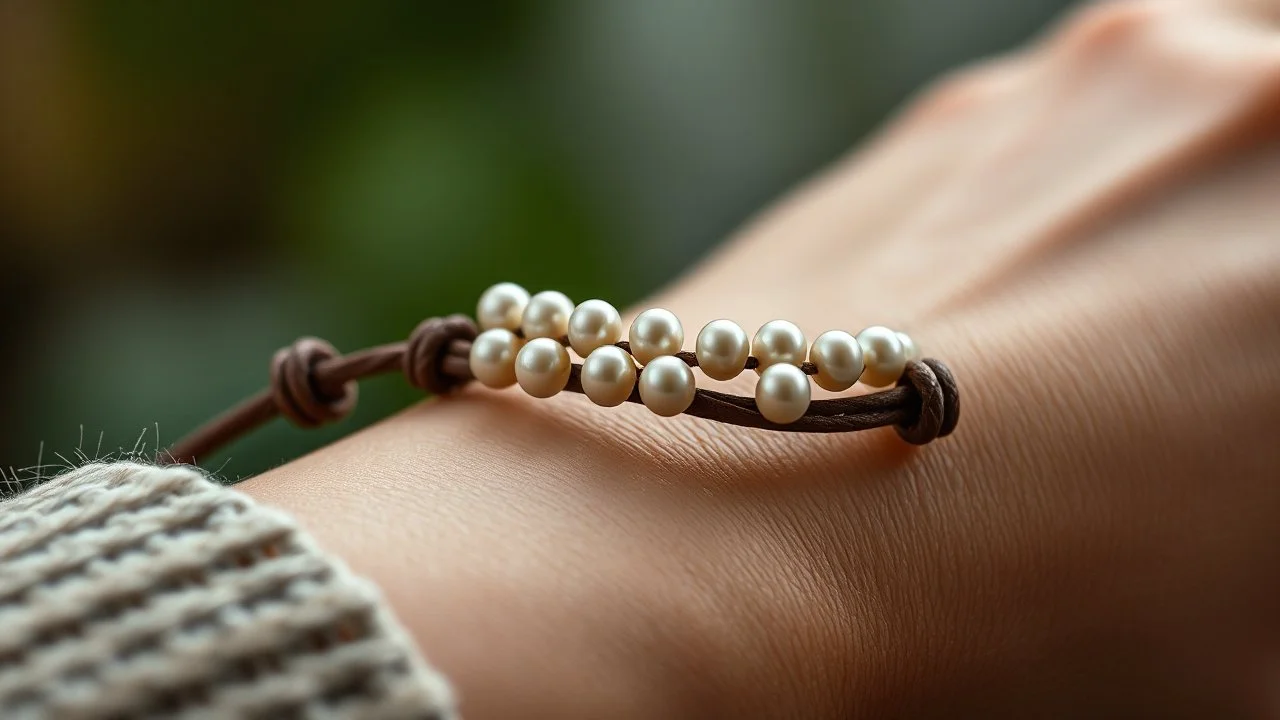 macro photo of a bracelet made of brown leather and tiny pearls on a woman's wrist, detailed, sharp contrasts, realistic, cinematic, blur background