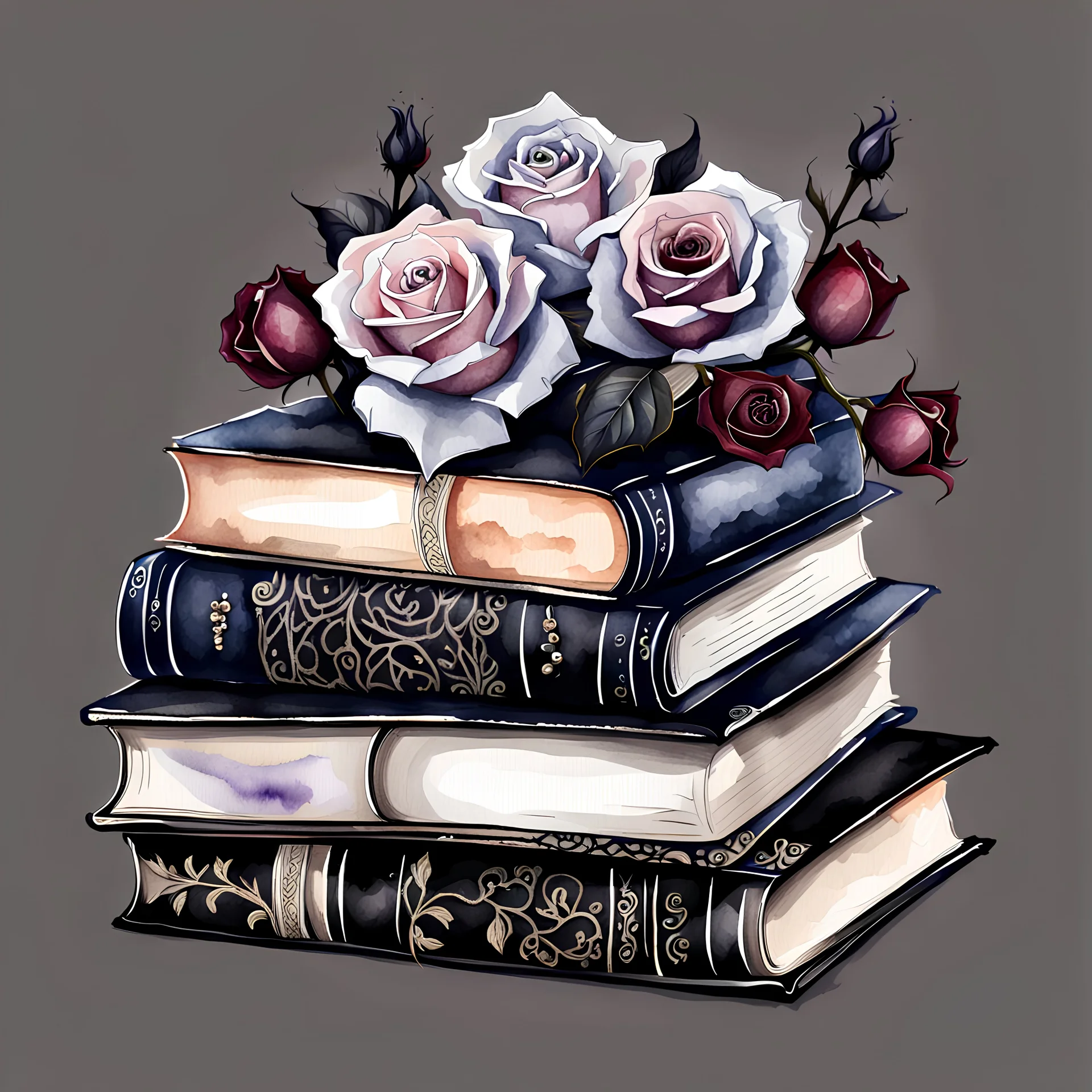 watercolor drawing gothic stack of books, black lace, pearls, black roses, on a white background, Trending on Artstation ::{creative commons}:: Illustration :: Color Grading:: Filmic, Nikon D750, Brenizer Method, Perspective, Depth of Field, F/2.8, Lens Flare, Tonal Colors, 8K, Full-HD, ProPhoto RGB, Perfectionism, Rim Lighting, Natural Lighting, Soft Lig