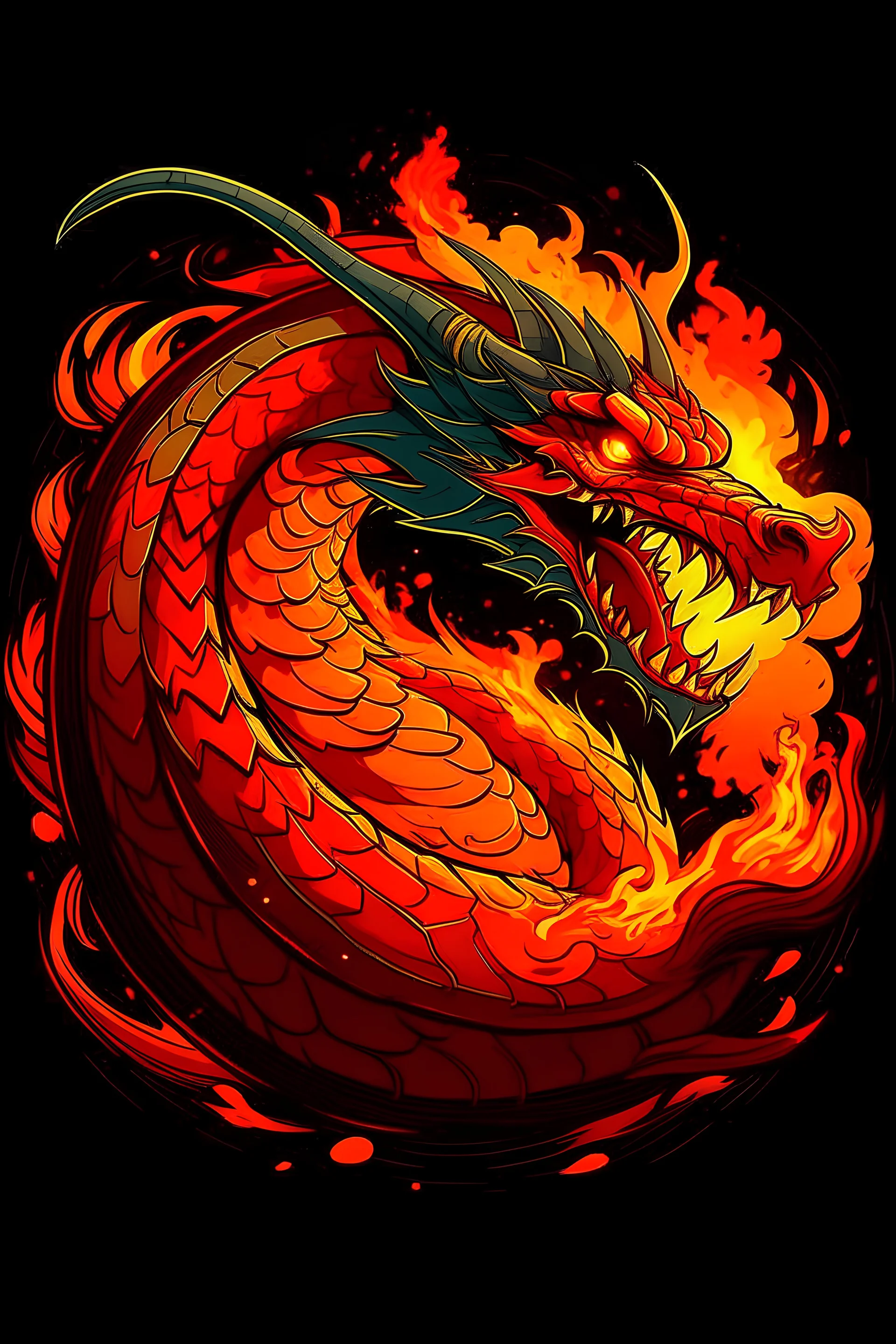 dragon surrounded by fire, stylized