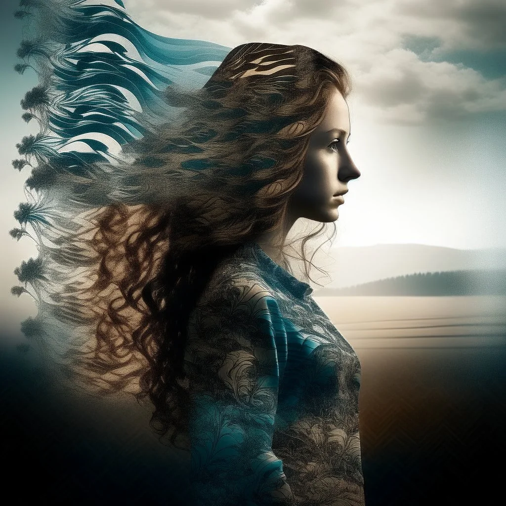 Double exposure photography blending full-length silhouettes of girls with flowing hair against a dramatic sky with the intricate patterns of a textured surface, juxtaposing elements of nature and humanity in a visually compelling way