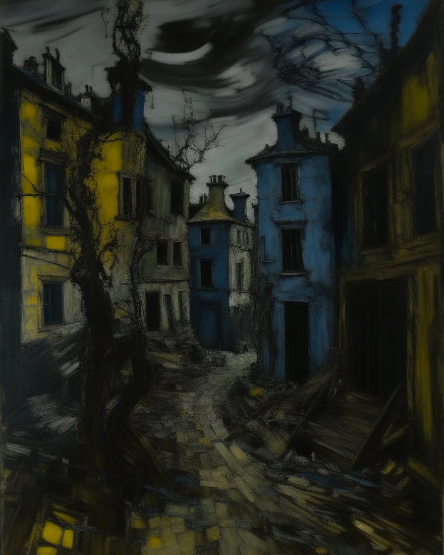 A bluish dark gray chaotic stronghold made out of iron painted by Vincent van Gogh