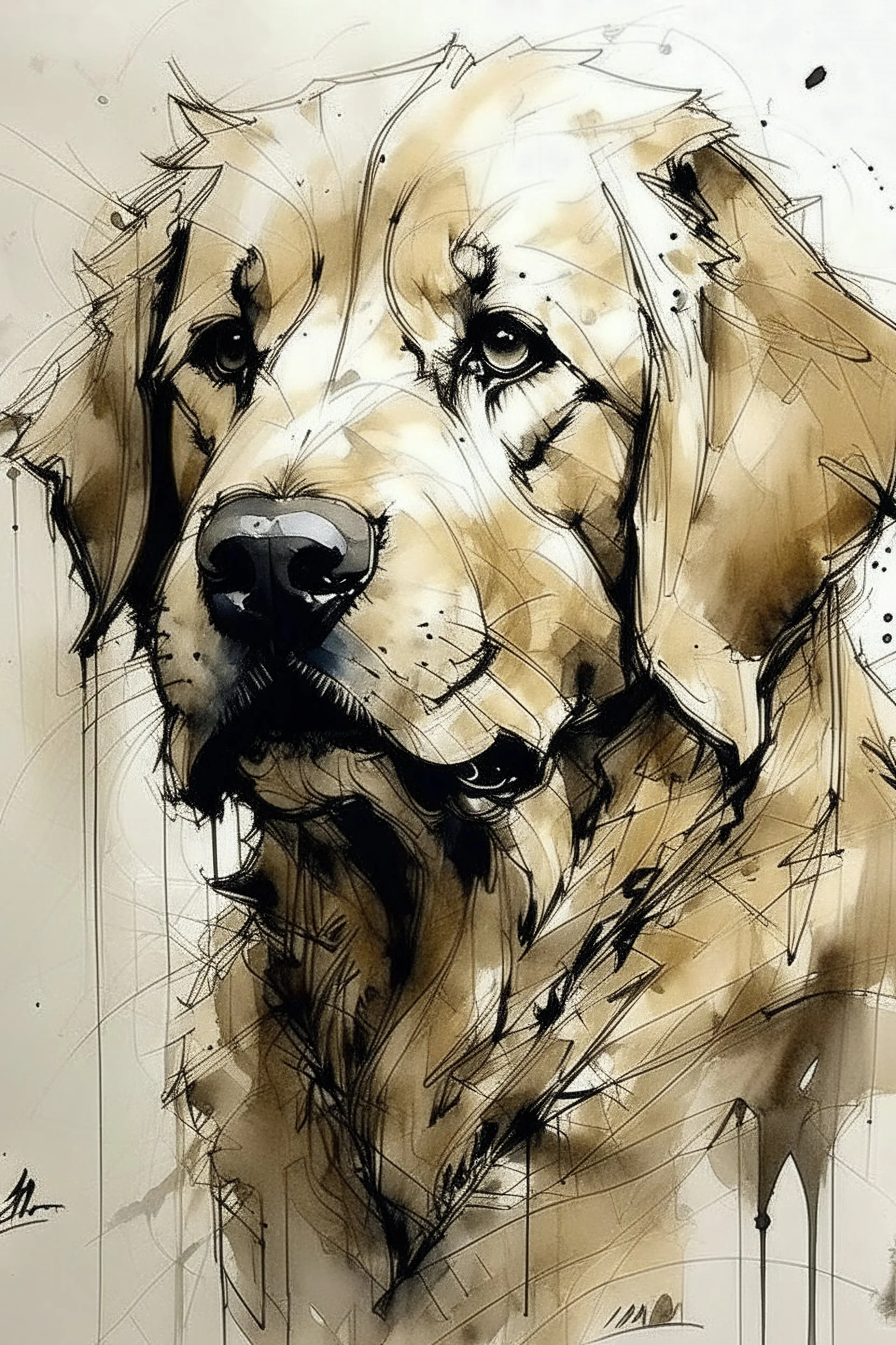 Golden retriever in the style of Yoji Shinkawa, Guy Denning, Florian Nicolle