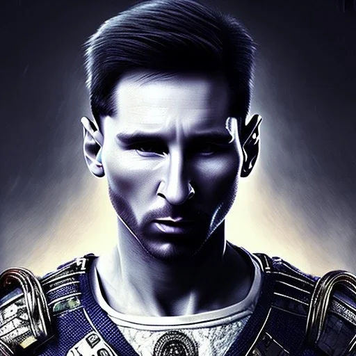 Lionel Messi face, samurai in the rain, style steampunk, darkblue tones,