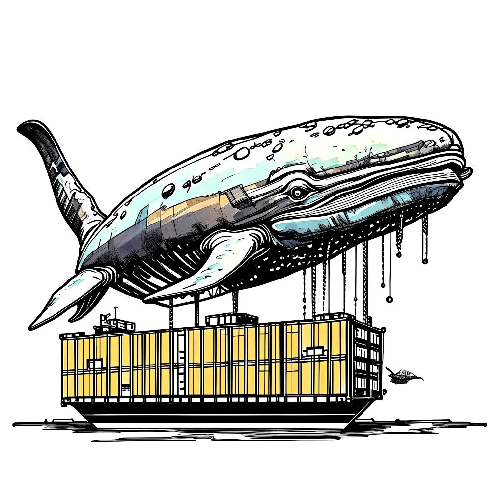 A whale carrying shipping containers on its back, and an engine with a propeller carrying the whale through the water. Digital Art, Digital Drawing