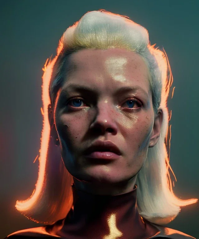 retro sci-fi portrait image from 1980, Los Angeles street explosions, fire, scared people, blonde woman walking, sweet Kate moss face, tight latex suit, soft color, highly detailed, unreal engine 5, ray tracing, RTX, lumen lighting, ultra detail, volumetric lighting, 3d, finely drawn, high definition, high resolution.