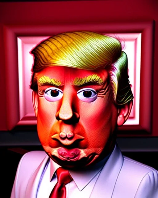 Realistic Waist up Portrait, Donald trump muppet, retro style, photo studio, unreal engine 5, god lights, ray tracing, RTX, lumen lighting, ultra detail, volumetric lighting, 3d.