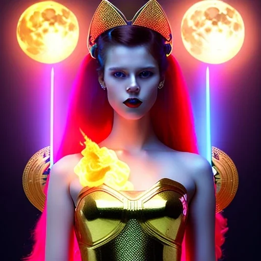 Attractive young teenage girl with golden fire red hair wearing a galactic tiara, who is dressed like a warrior casting a spell with quarterstaff, she has cat ears and open dazzling blue eyes, has a normal nose, background is realistic space with a moon, the girl is on a planet, black goth girl dress, full body portrait, arm colors gradient effect into stars, rendered, unity 3d, unreal engine, dslr, hdr, 4k, edited, photorealistic, normal number of appendages, freckles, artists render