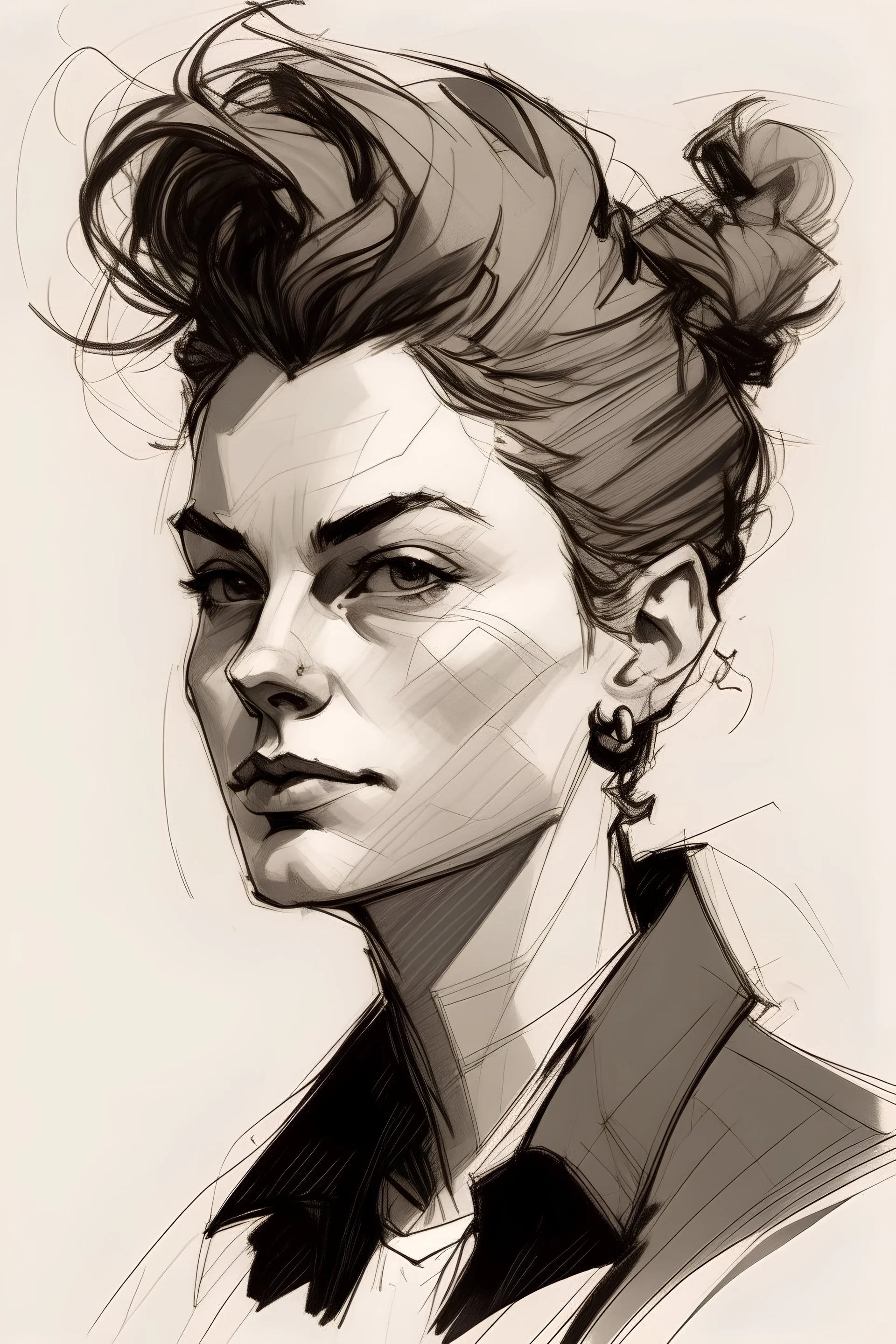 Portrait sketch of androgynous masculine woman with messy swept back manly hair