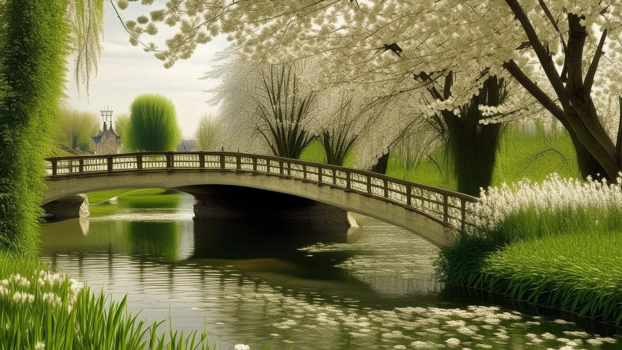 Serene view of a river landscape and slender trees, with the white of the flowers contrasting with the warm tone of the bridge's masonry.