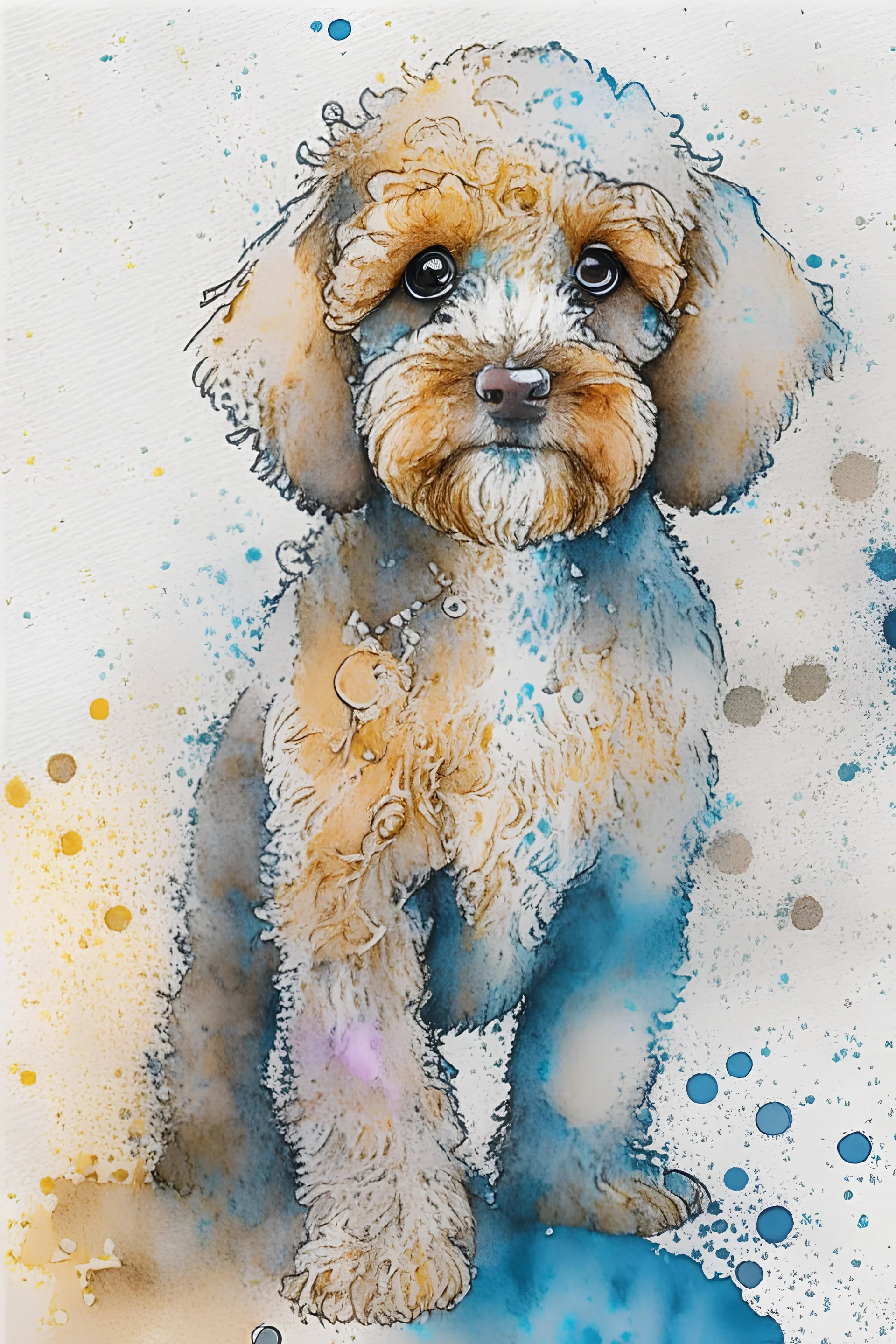 Abstract wet watercolour of a cockapoo, sketchy pencil lines, splashy background, bifurcated circles, detailed,focus on eyes, watercolour paper