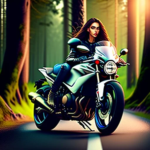 Very attractive woman sitting on a motorcycle. The bike is Yamaha. In the background is a forest. Realistic details. Photorealistic. 4K. Wide-angle lens.