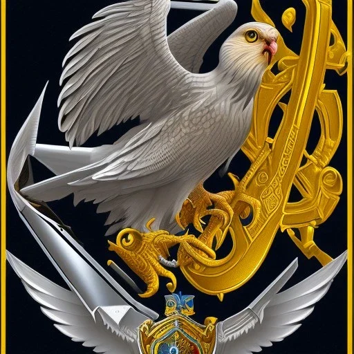 Fantasy setting, coat of arms with a kestrel holding a black anchor in its talons, encircled by a navy blue ring and a yellow half circle shape above it.