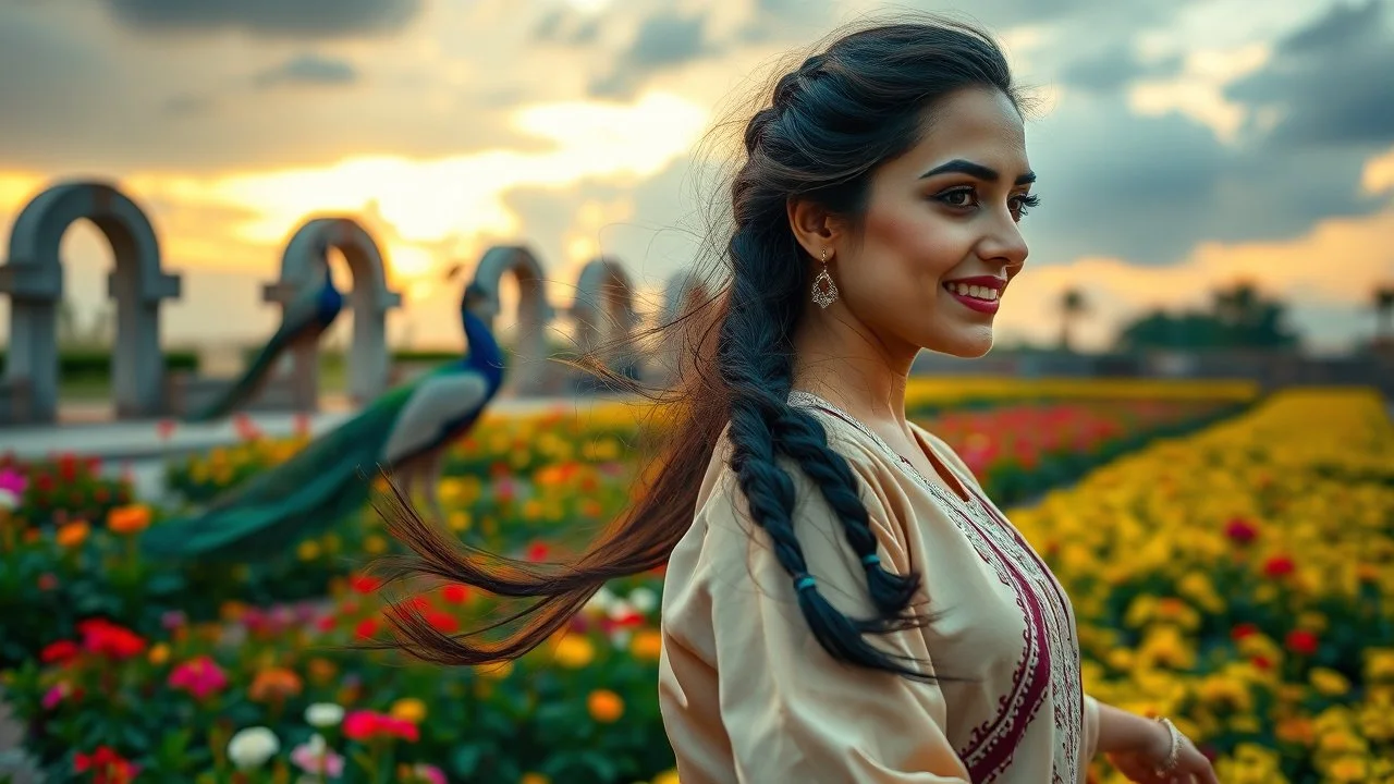 Hyper Realistic Photographic Close Side View Of A Beautiful Pashto Woman (With Beautiful Eyes Lips & Nose, & Long Black braid Hairstyle Whirling; Wearing Beige Frock With Maroon & Purple Stripes & white embroidery) Happily Whirling & Dancing In A Beautiful Colorful Flower Garden With Fancy Stone Arches & A Peacocks Far Behind Her At Beautiful Cloudy Sunset Showing Dramatic & Cinematic Ambiance.