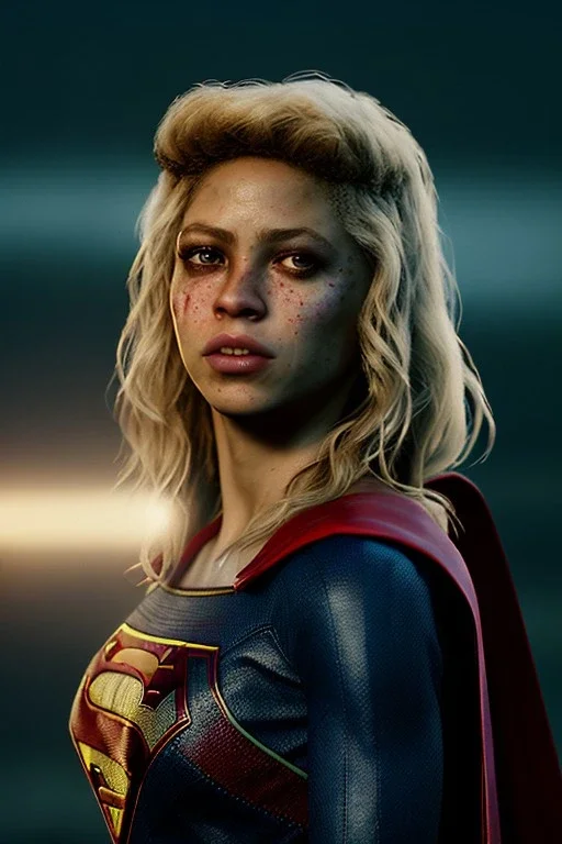 portrait, young Shakira, make-up, angry, Realistic image, superhero, retro style, 70s, supergirl, blood, sweat, fog, goddess. Color background, photo studio, concept art, smooth, unreal engine 5, god lights, ray tracing, RTX, lumen lighting, ultra detail, volumetric lighting, 3d, finely drawn, high definition, 4k.