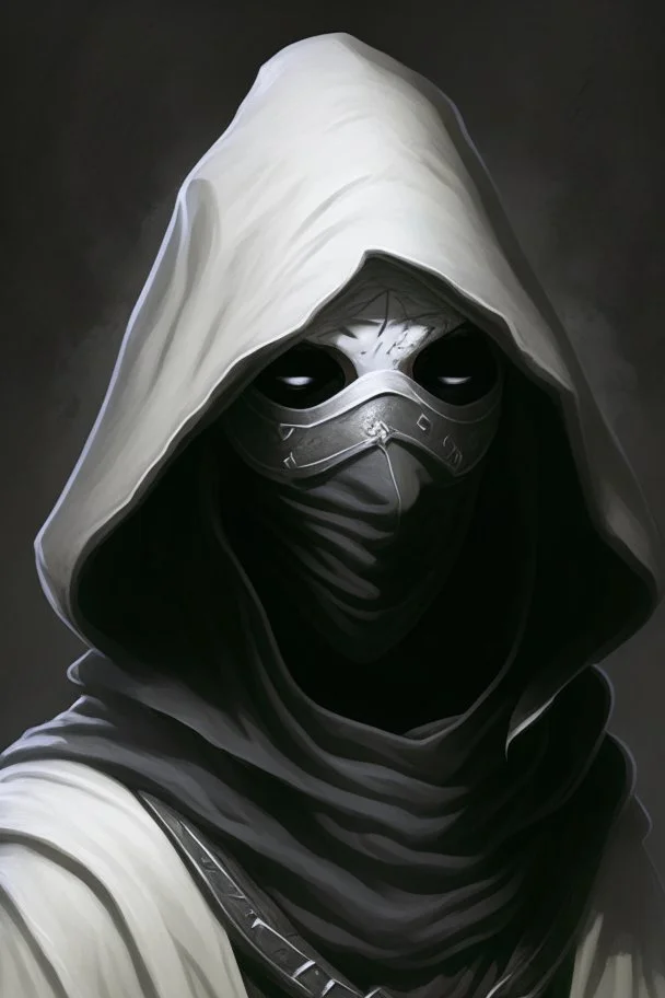 dungeons and dragons man wearing black robes and hood wearing a plain white mask with eyeholes