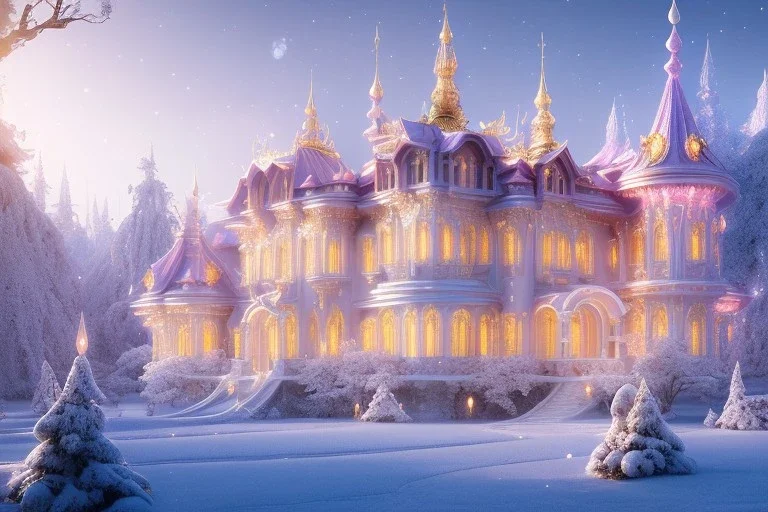 a magical crystal snow pink gold house palace in the woods, sun,white swanns,pink vertical, blue lake,sharp, vines, candlelit, endor, ornate, elegant, highly detailed, artstation, concept art, smooth, sharp focus, illustration, 8k, splash art, wallpaper, key visual