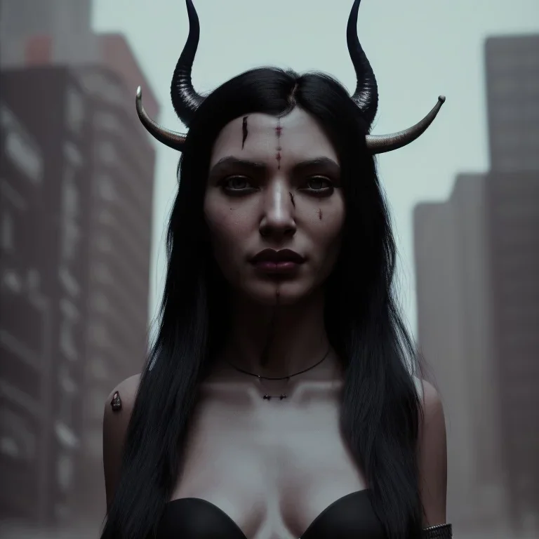 A medium-close-up shot of a black-haired tribal woman with horns standing on a sidewalk in a cyberpunk city. The woman only has one head