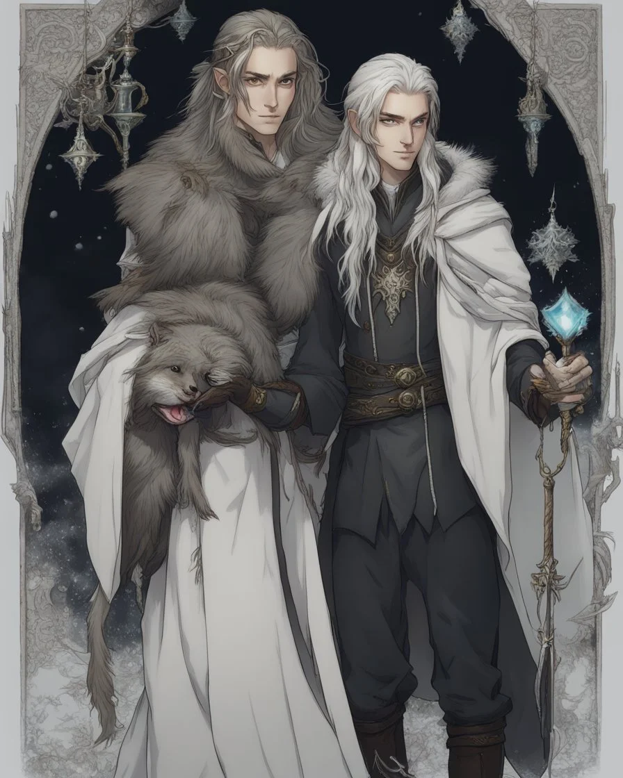 a young High Elf frost Wizard with long wiry hair, wearing a black trimmed white nobleman's robe and frost ornaments on clothes, with a weasel on his shoulder