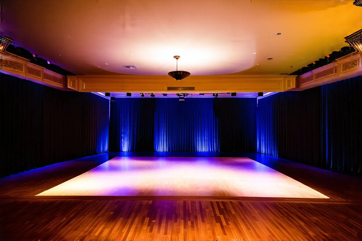 luxury large hall with a stage with flash at center for dance