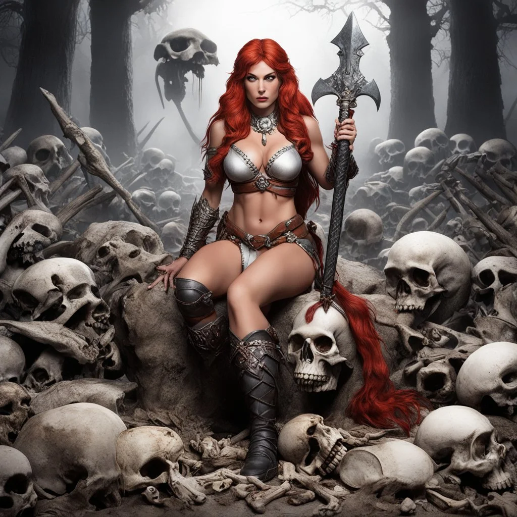 [high res photo by Moritat] Red Sonja poised on hands and knees surrounded by bones and skulls